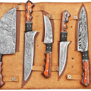 Premium Custom Damascus Steel Chef Knives Set 5 Piece Kitchen Knives with Natural Poplar Wood Handles