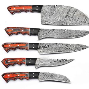 Premium Custom Damascus Steel Chef Knives Set 5 Piece Kitchen Knives with Natural Poplar Wood Handles