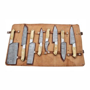 Custom Damascus Chef Knives Set – 8-Piece Premium Kitchen Collection with Cognac Wood Handle | SS-17156 & SS-17158