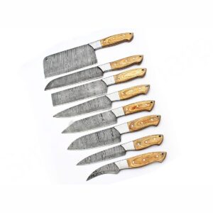 Custom Damascus Chef Knives Set – 8-Piece Premium Kitchen Collection with Cognac Wood Handle | SS-17156 & SS-17158