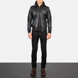 Black Hooded Leather Bomber Jacket
