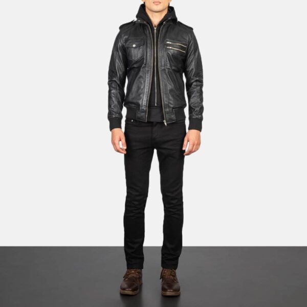 Black Hooded Leather Bomber Jacket