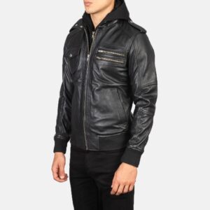 Black Hooded Leather Bomber Jacket
