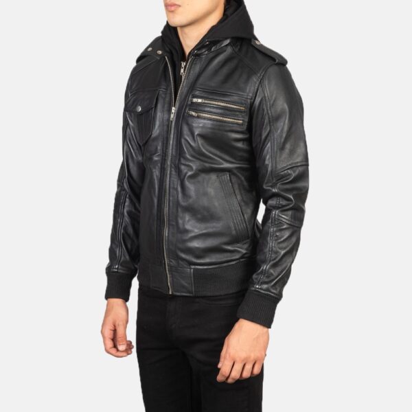 Black Hooded Leather Bomber Jacket - Image 2
