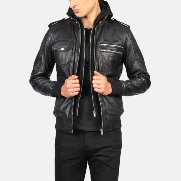 Black Hooded Leather Bomber Jacket - Image 3