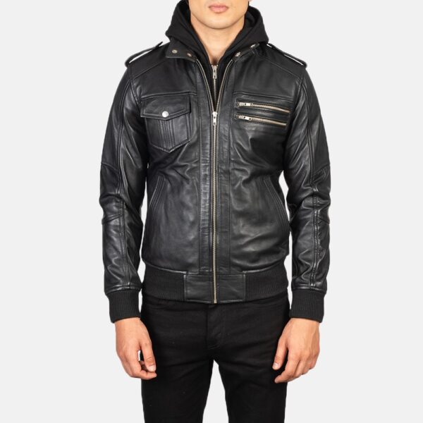 Black Hooded Leather Bomber Jacket - Image 4