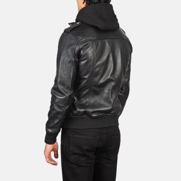 Black Hooded Leather Bomber Jacket - Image 5