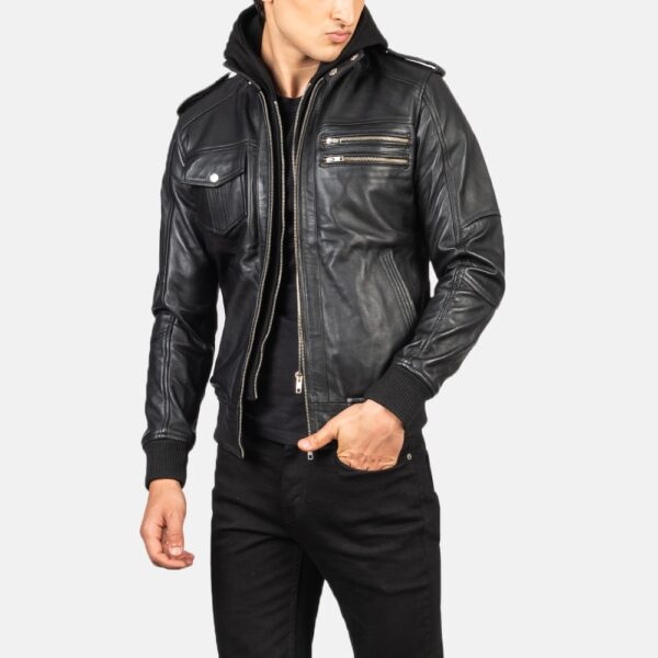 Black Hooded Leather Bomber Jacket - Image 6